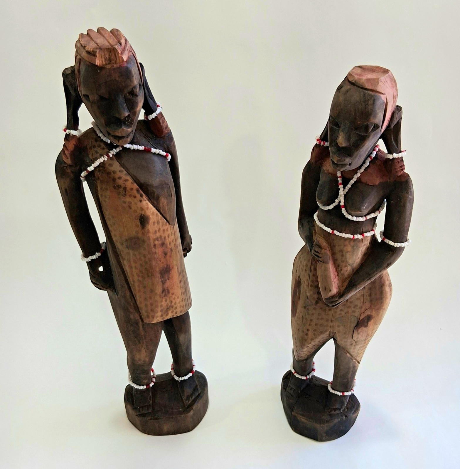 Vintage Hand-Carved African Wooden Figurines – Man & Woman Pair with Beadwork