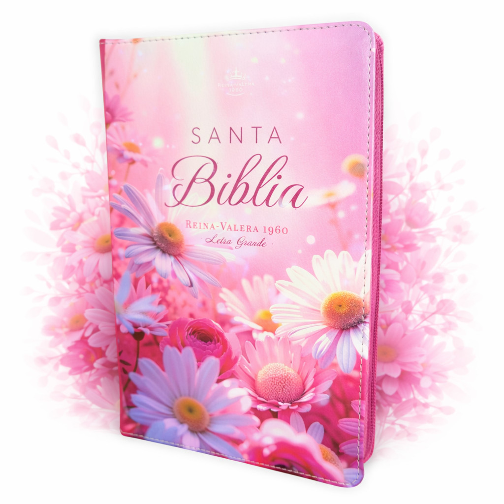 Biblia para Mujer Letra Grande 12 punto RV1960 blanco y rosa con indice y cierre
