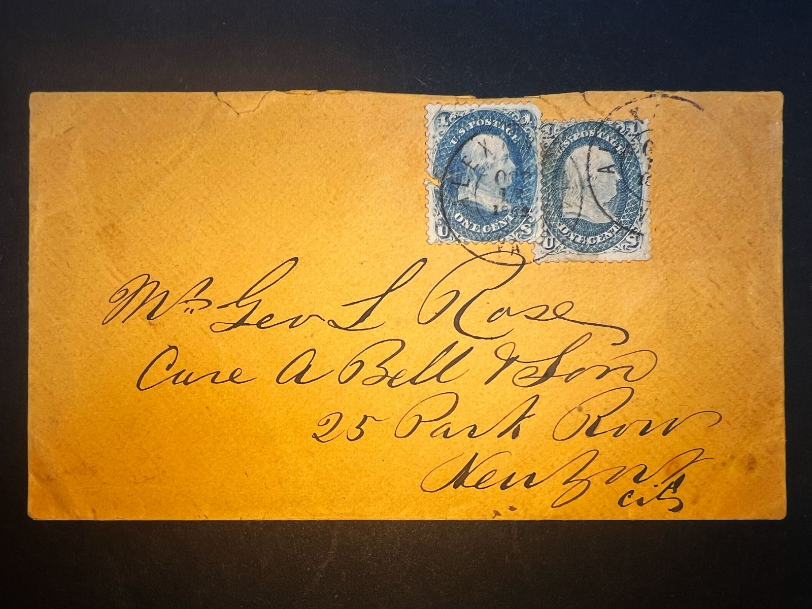 1862 Cover addressed to 25 Park Row, NY, with two US #63 stamps