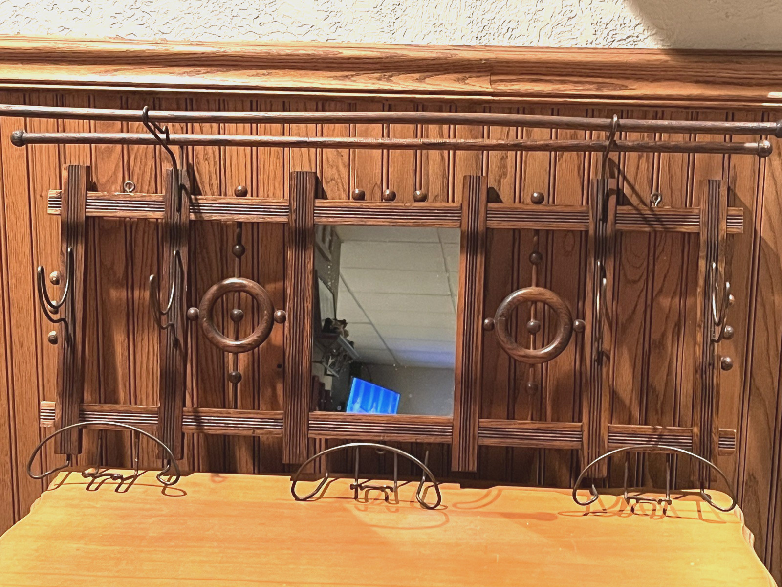 Antique OAK Stick & Ball Wall Mount COAT RACK W/Small 8.75\
