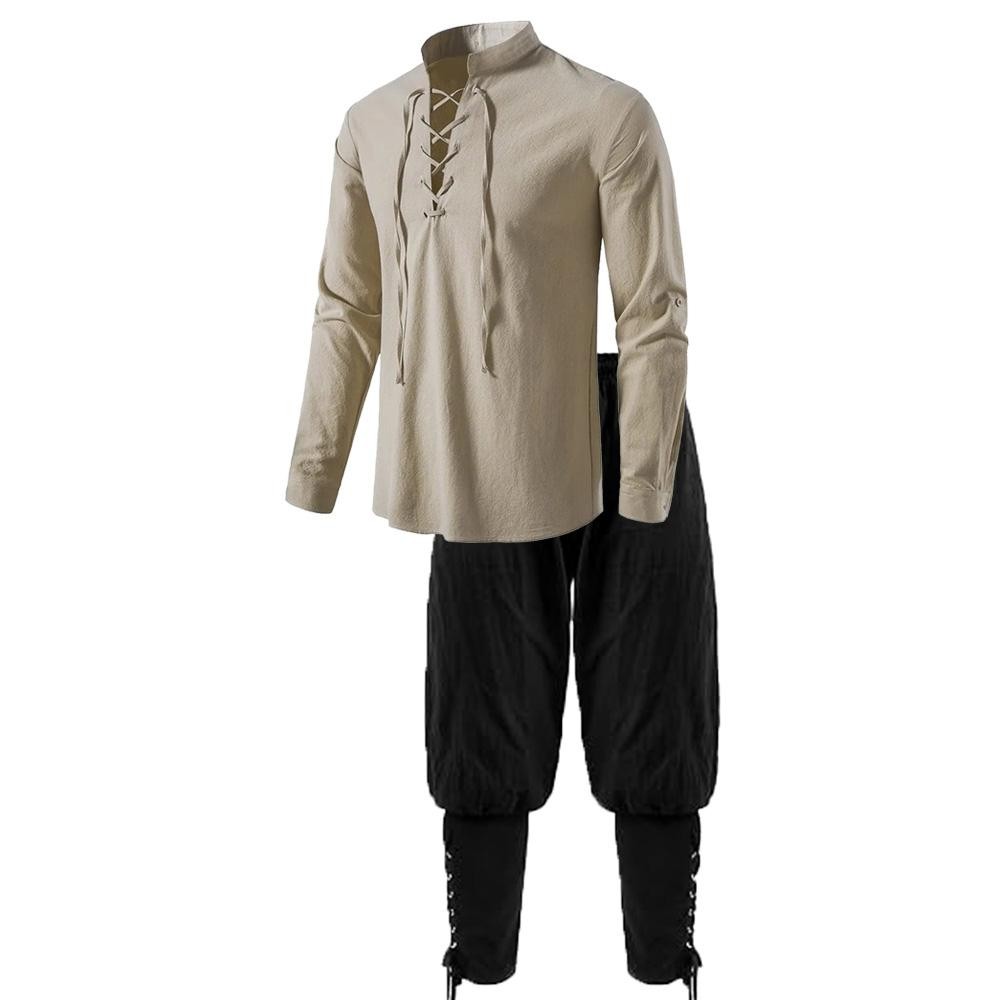 Men's Medieval Renaissance Pirate Shirt & Ankle Banded Pants 2-Piece Costume Set Men's Medieval Renaissance Pirate Shirt & Ankle Banded Pants 2-Piece Costume Set