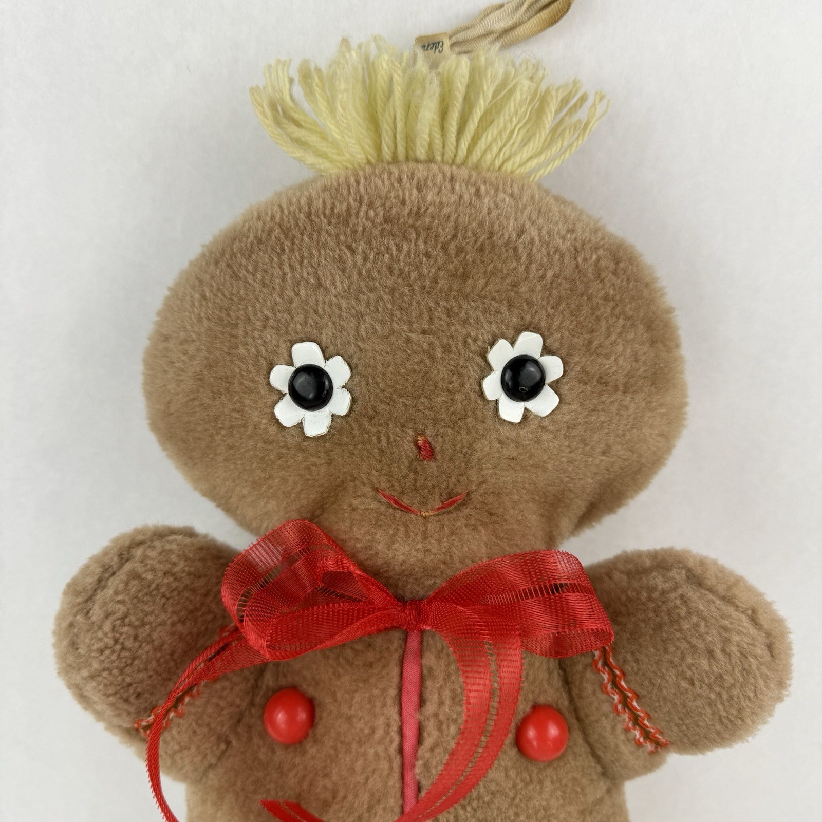 Vintage Eden Plush Toy Chime Rattle Gingerbread Man 14” Red Buttons Yarn Hair