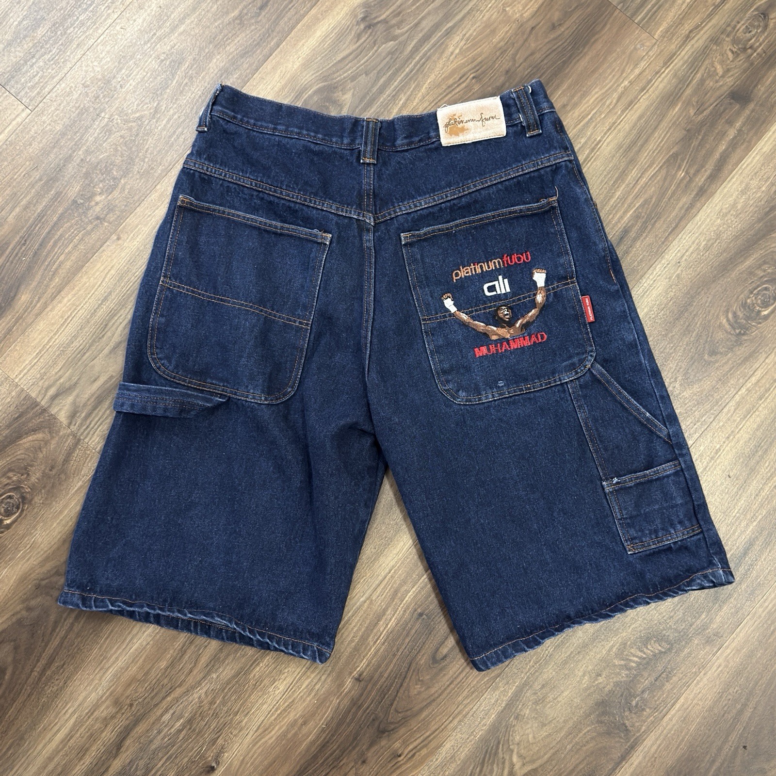 Vintage Y2K Fubu Platinum Muhammad Ali Denim Shorts Jorts Size 36