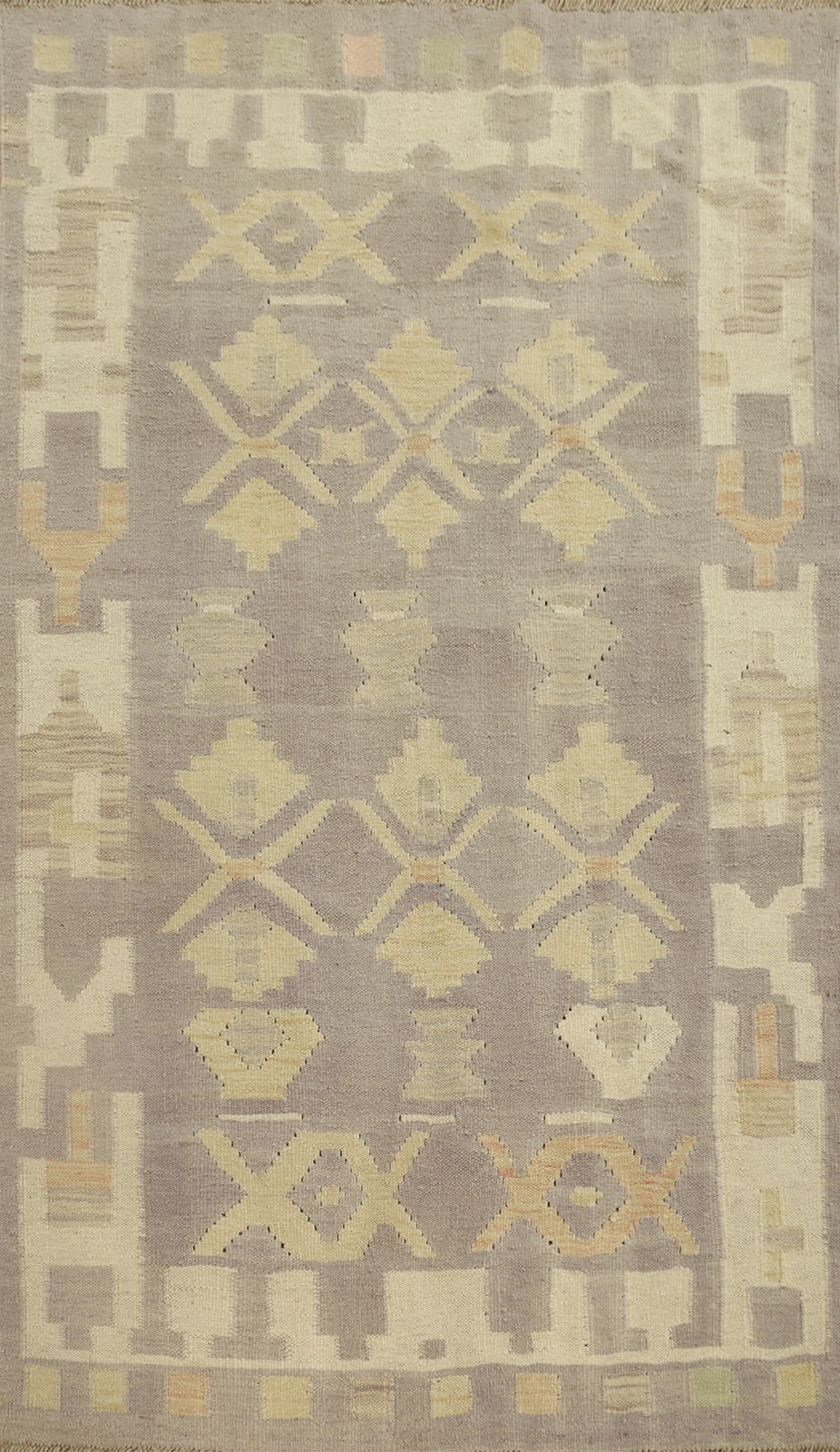 Neutral Toned Kilim Rug 3x5 Flat-weave Wool with Geometric Accents