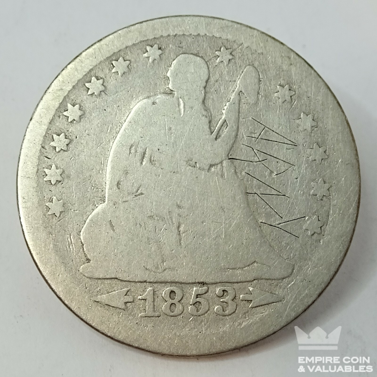 1853-P Rays & Arrows  Seated Liberty Quarter 25c Dollar Scratched ARNY *CB1 