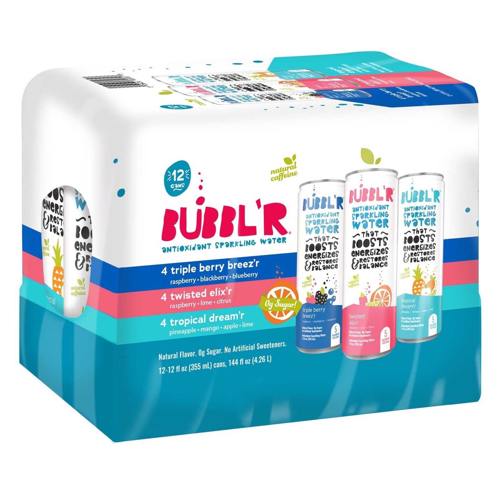 Bubbl\'r Antioxident Sparkling Water, Variety, 12 fl oz, 12-pack
