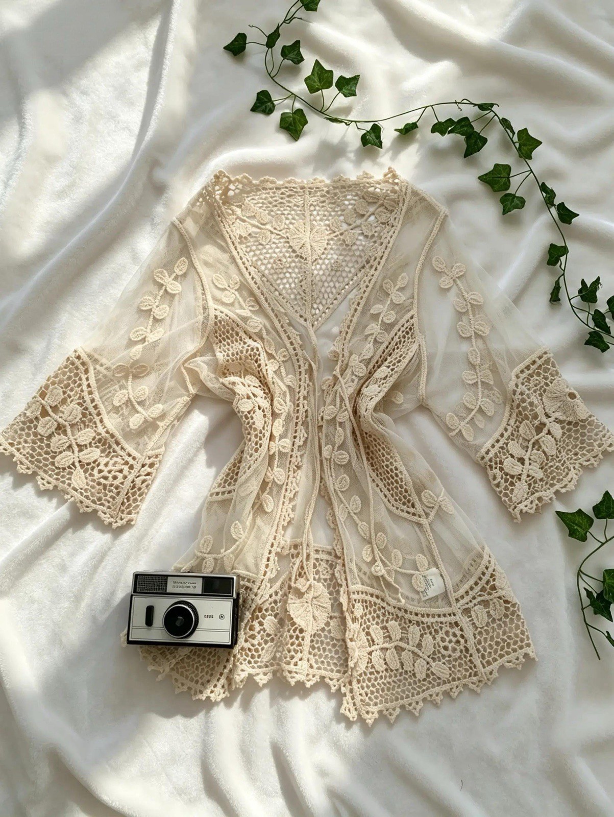 Vintage Crochet Fairy Cottagecore Boho Cover Up - Romantic Cream Kimono 