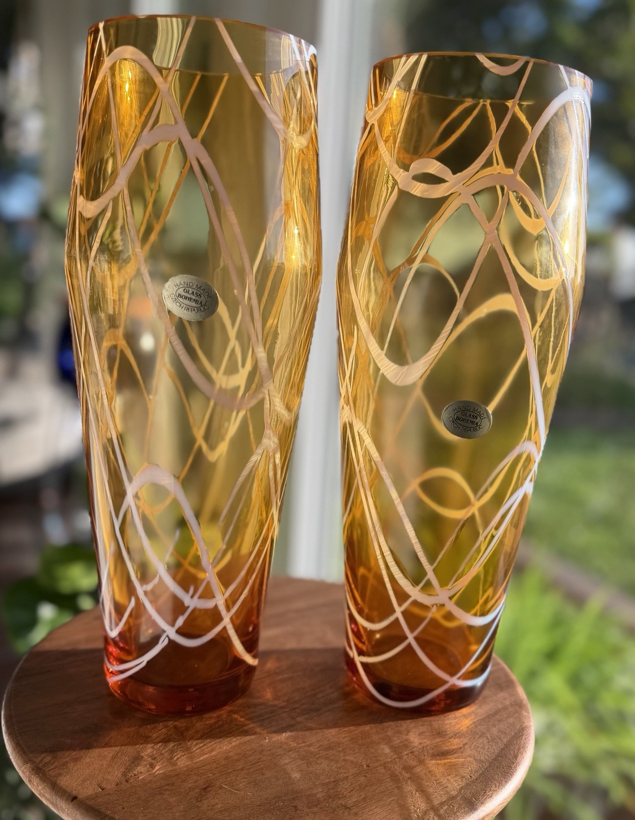Pair Bohemia Czech Amber Art Glass Vases White Thread Hand Blown 13 Inch