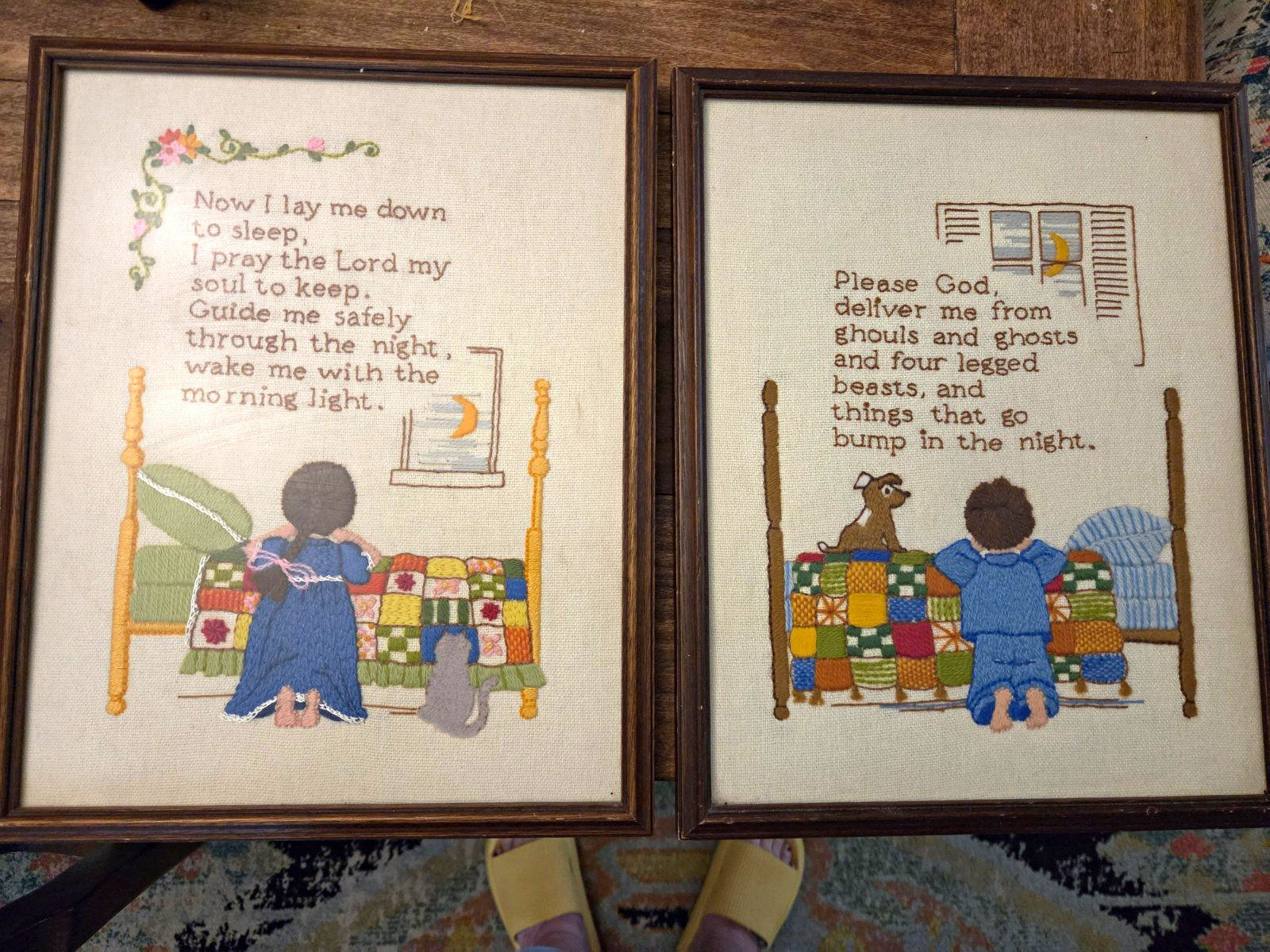 Vintage Sunset Stitchery Crewel Childhood Prayers Framed Pair C. Blyler 1970s