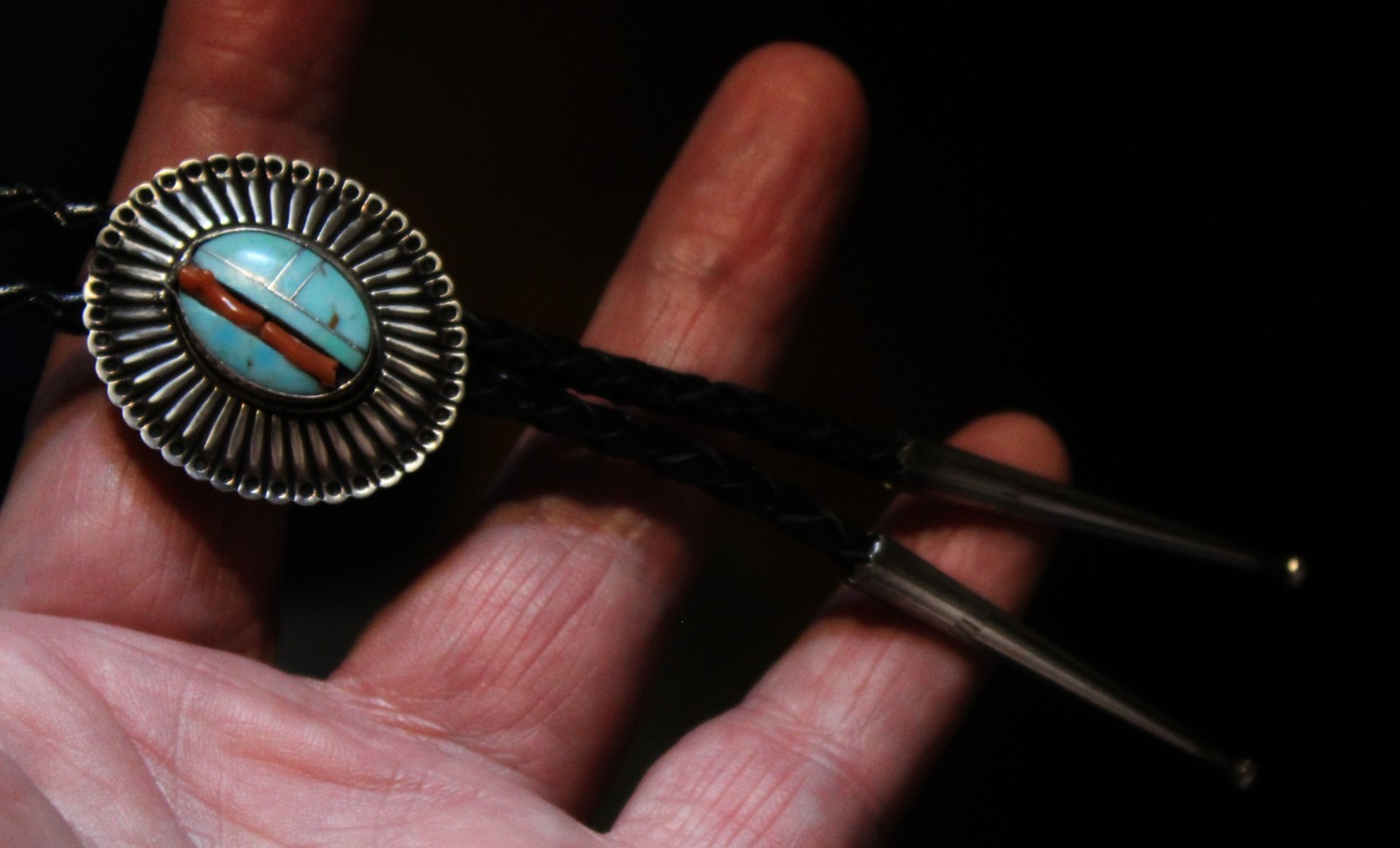 Beautiful Old Sterling Silver & Inlaid Turquoise Stone & Branch Coral Bolo Tie