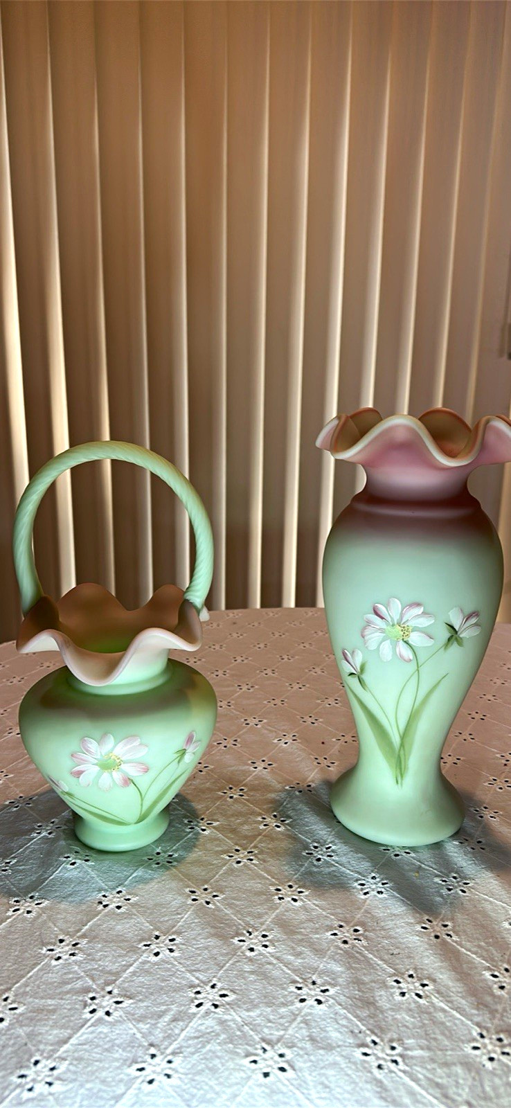 Burmese Fenton Art Glass Vase 11” Hand Painted Floral Green Pink White & Basket Burmese Fenton Art Glass Vase 11” Hand Painted Floral Green Pink White & Basket