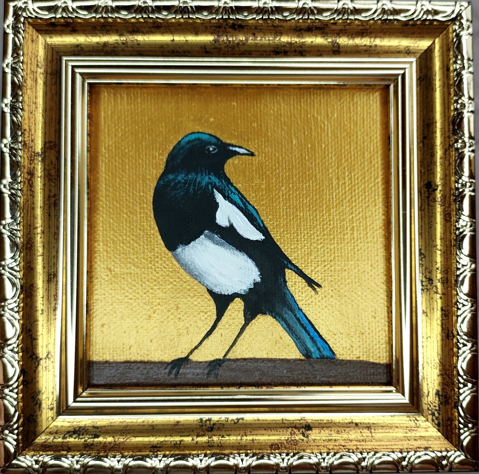 Magpie Original Oil Painting Signed Bird Small Art Miniature Artwork Framed Gift