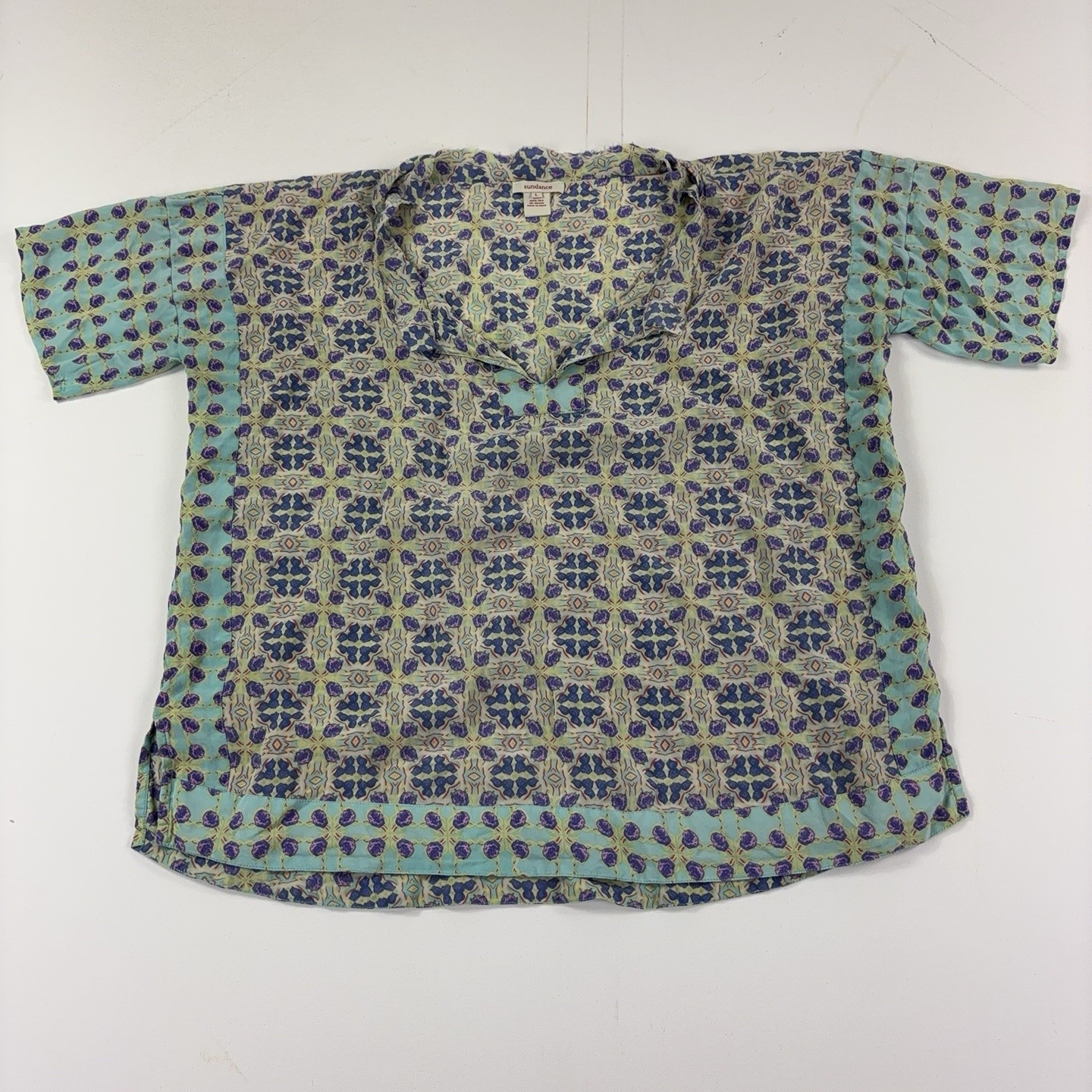 Sundance Blouse Womens L Multicolor Floral V-Neck Short Sleeve Silk Boho Top