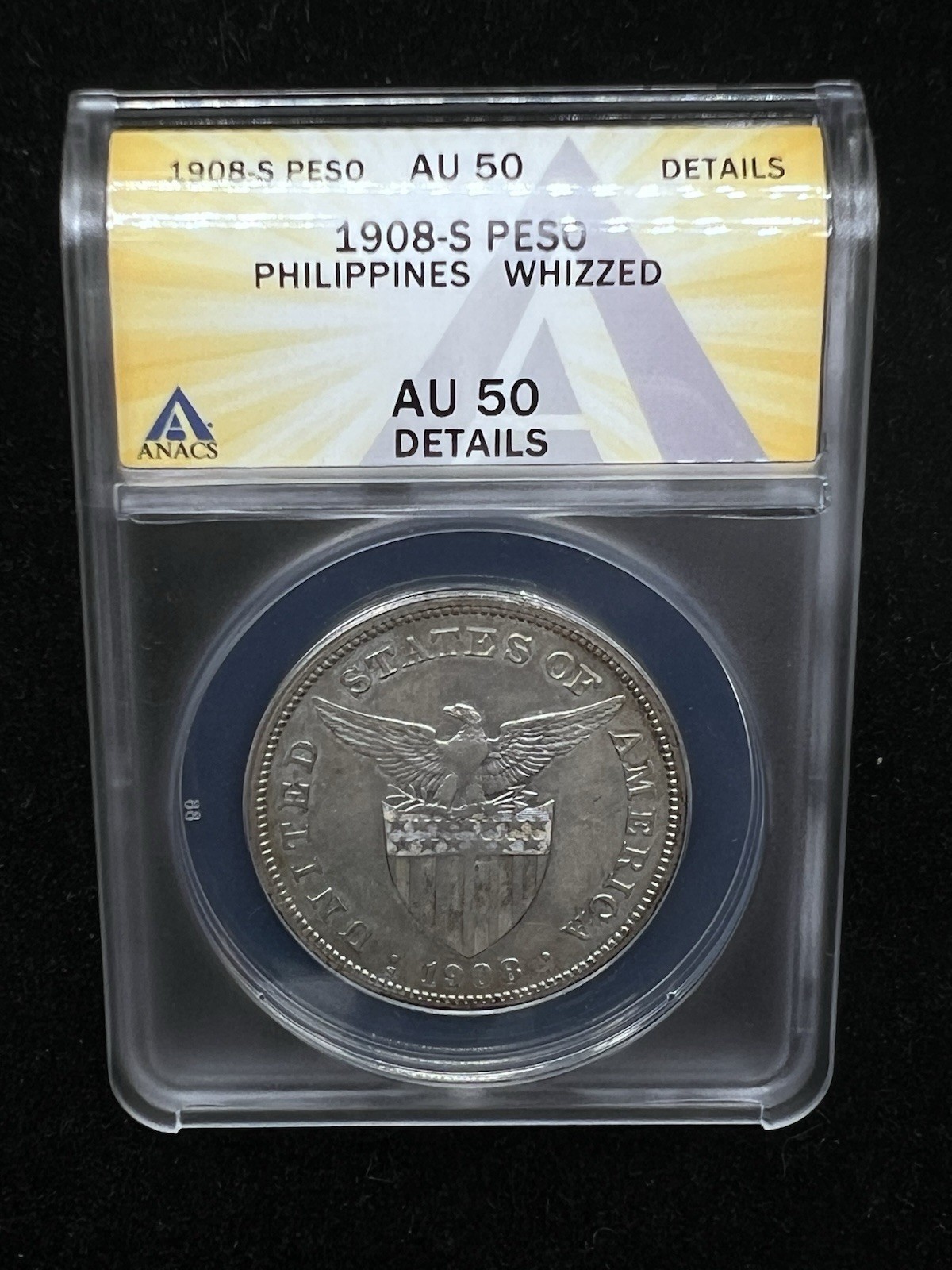 1908-S U.S. Administration - Philippines - 1 Peso - ANACS AU50 Whizzed - Silver