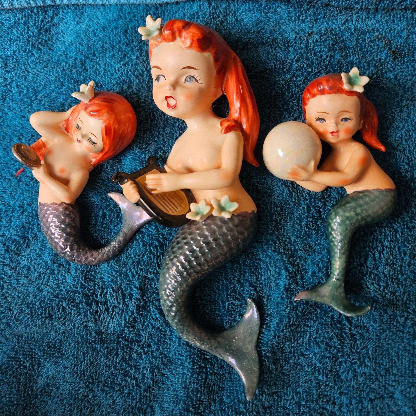 Vintage Lefton:  Set Of 3 Mermaid Ceramic Wall Plaques (Japan 3107)