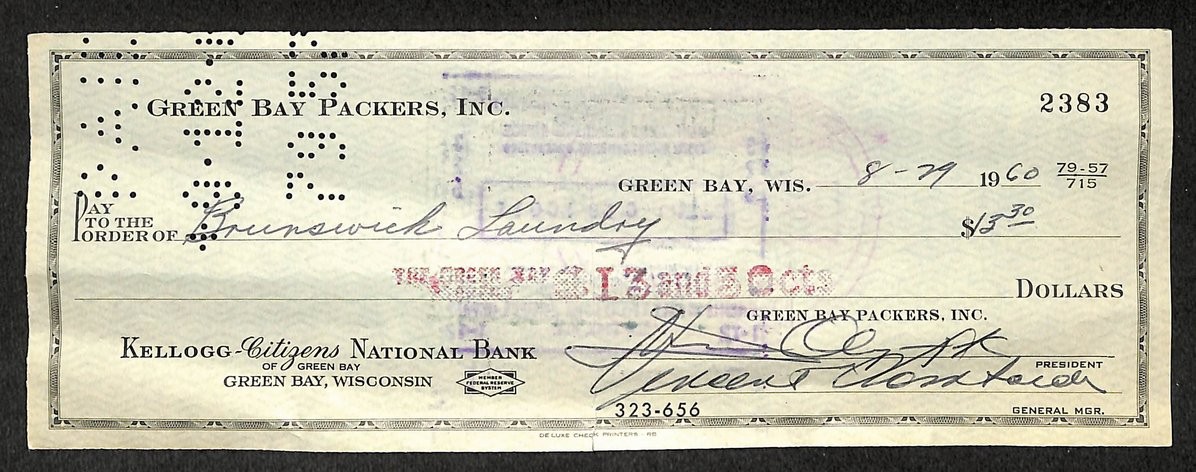 Vince Lombardi HOF Packers Signed/Autographed 1960 Bank Check JSA LOA 212346