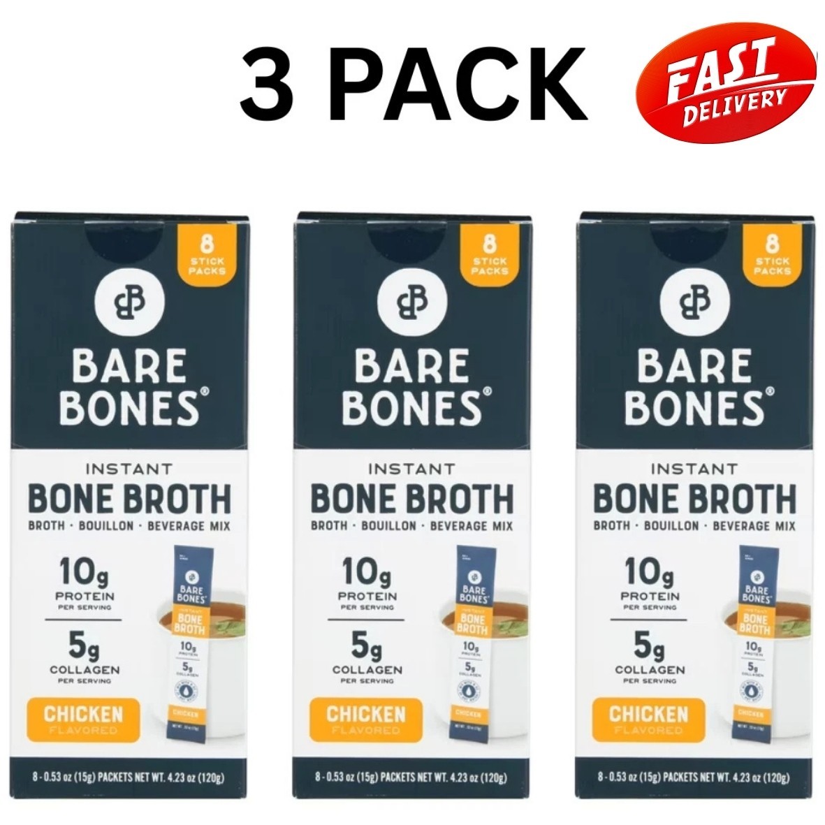3 Pack Bare Bones Chicken Bone Broth Sticks 8 Pack Instant Broth Mix