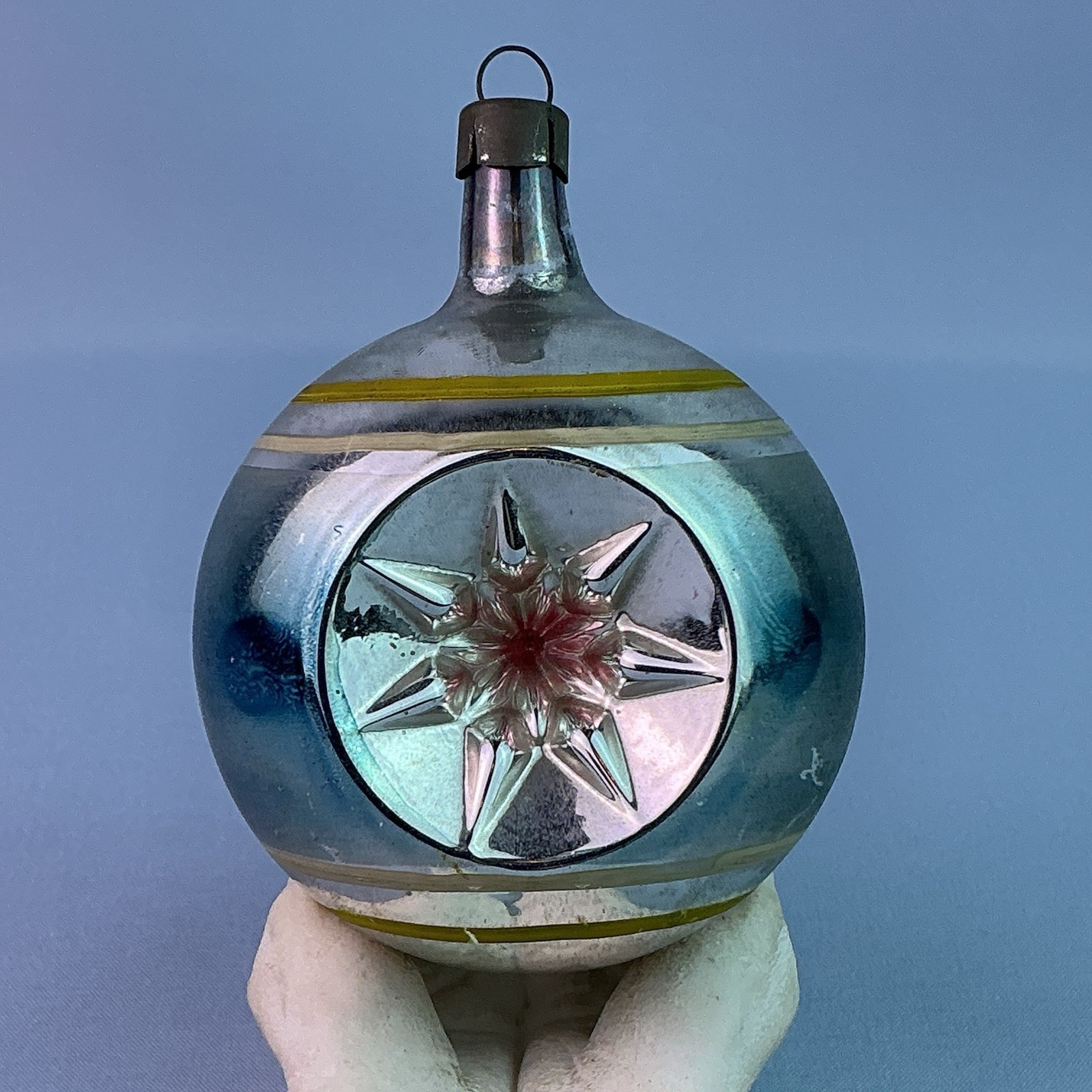 Vintage Double Star Indented Striped Mercury Glass Ornament*POLAND*3.25”H*