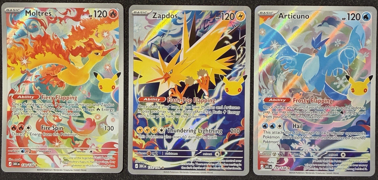 Pokemon 30th Celebration Moltres (130/128) Zapdos (133/128) Articuno (132/28) NM