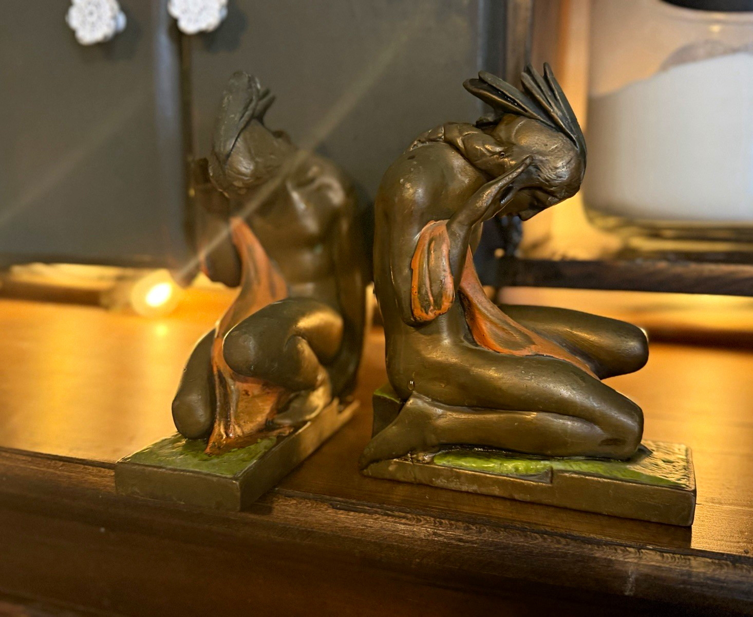 Pompeian Bronze Co. Art Nouveau Bronze Native American Bookends Pair