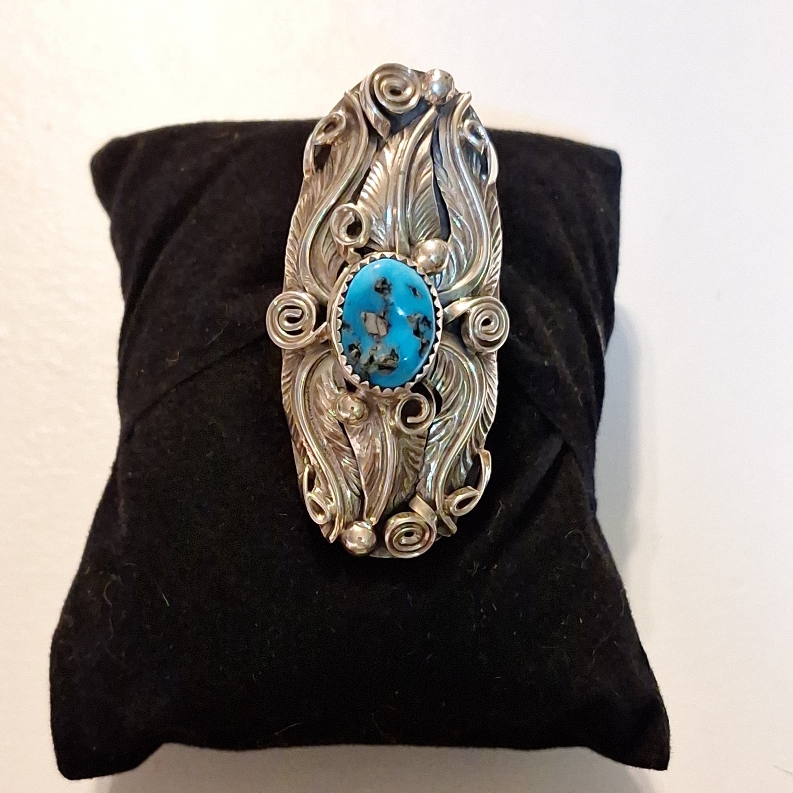VINTAGE Navajo Sterling Silver Kingman Turquoise ALLEN CHEE SIGNED Floral Ring