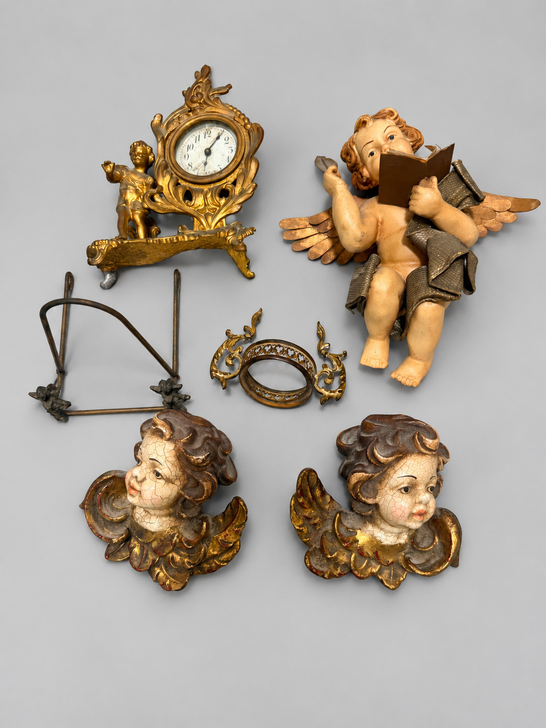 Angel Cherub Decor Lot 6 Pc Gold Tone Wall Plaques Figurine Clock Easel Frame Angel Cherub Decor Lot 6 Pc Gold Tone Wall Plaques Figurine Clock Easel Frame