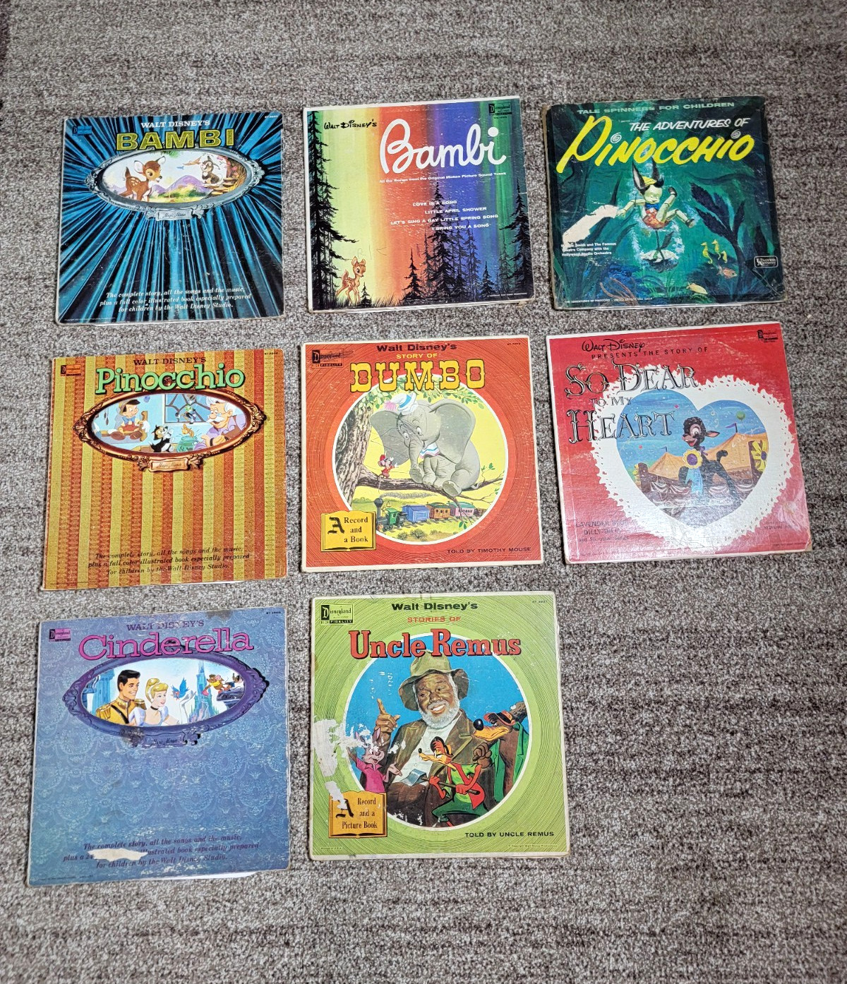 VTG Walt Disney Record & Book Lot Bambi Pinocchio Dumbo Cinderella Uncle Remus