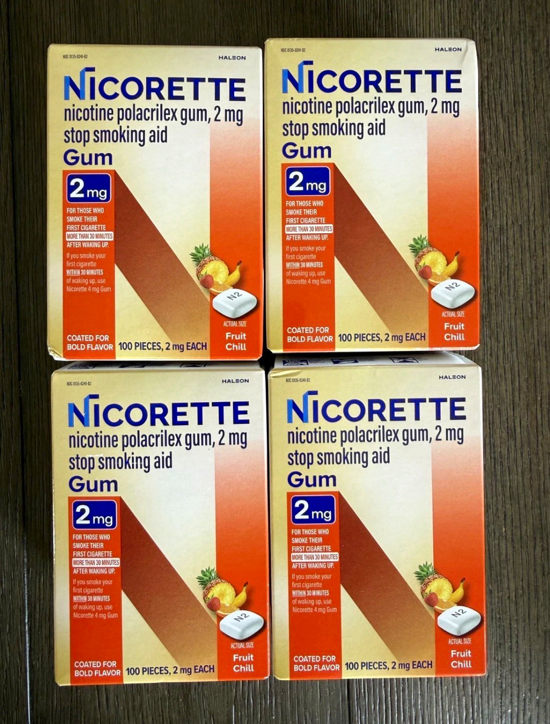 Lot of 4 Nicorette Nicotine Gum 2mg Fruit Chill 100 Ct Exp 2029/02 Lot of 4 Nicorette Nicotine Gum 2mg Fruit Chill 100 Ct Exp 2029/02