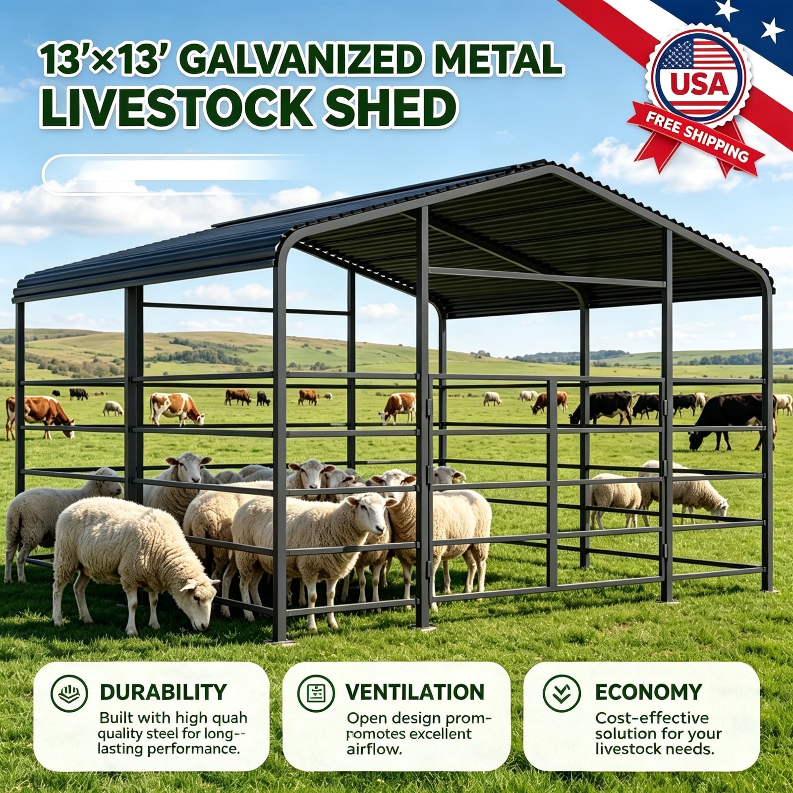 13×13ft Galvanized Livestock Shelter Steel Structure Barn Horse Goat NEW 2026
