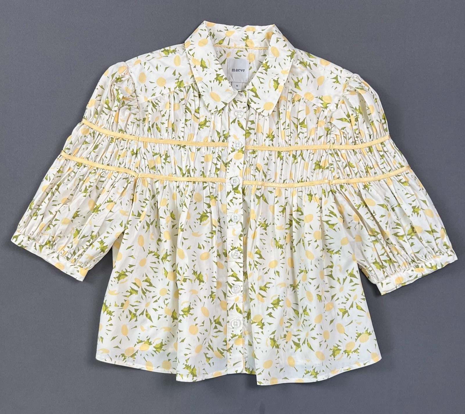 Maeve The Leandra Shirred Yoke Blouse Size M Yellow Floral Cotton