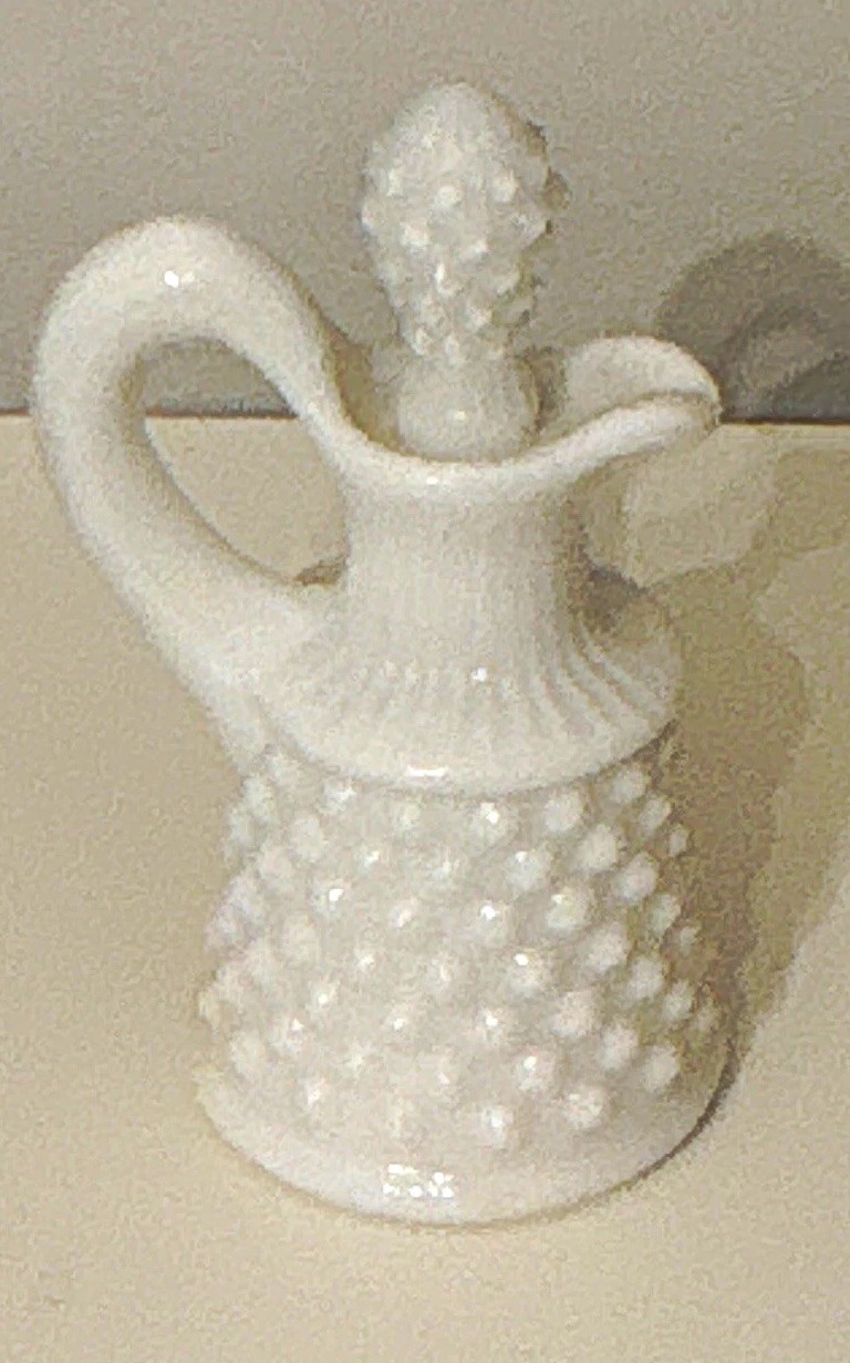 White Milk Glass Hobnail Cruet w/ Stopper Included, 2pc Set, Glossy