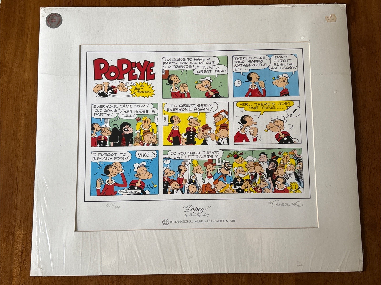 SIGNED Bud Sagendorf Popeye International Museum of Cartoon Art Lithograph w/COA SIGNED Bud Sagendorf Popeye International Museum of Cartoon Art Lithograph w/COA