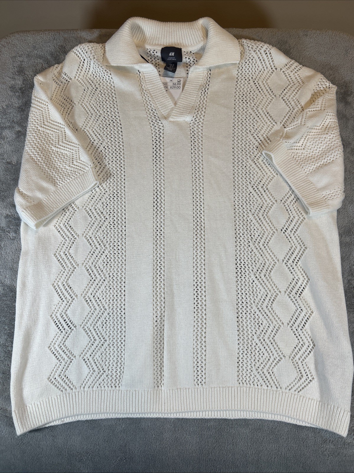 HM Knitted White Shirt With Revere Collar Medium Loose Fit 100% cotton - Medium
