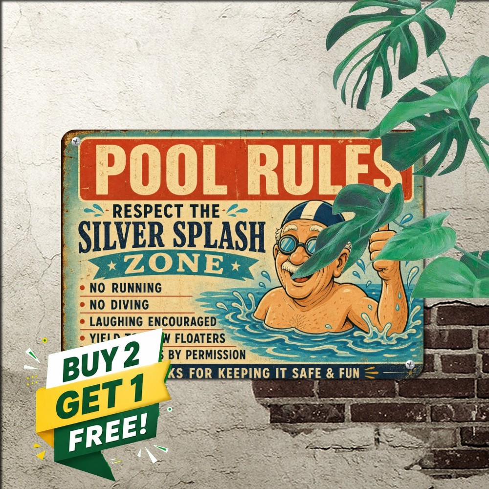 Caution Old People Swim Here Senior Pool Safety Sign Retro Metal Tin Plaque