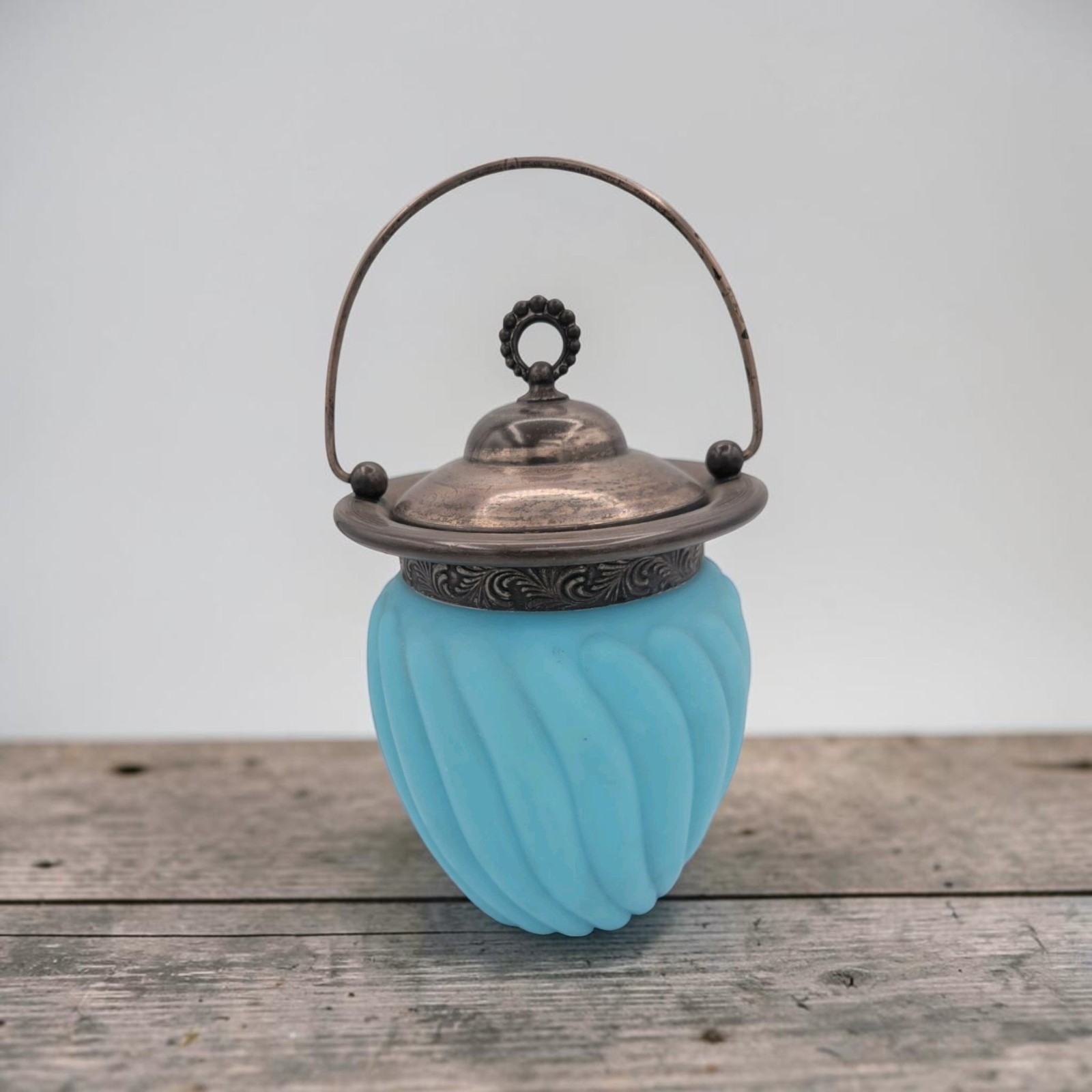 Antique Victorian Mt Washington Blue Opaline Glass Biscuit Jar Lid Handle *As Is