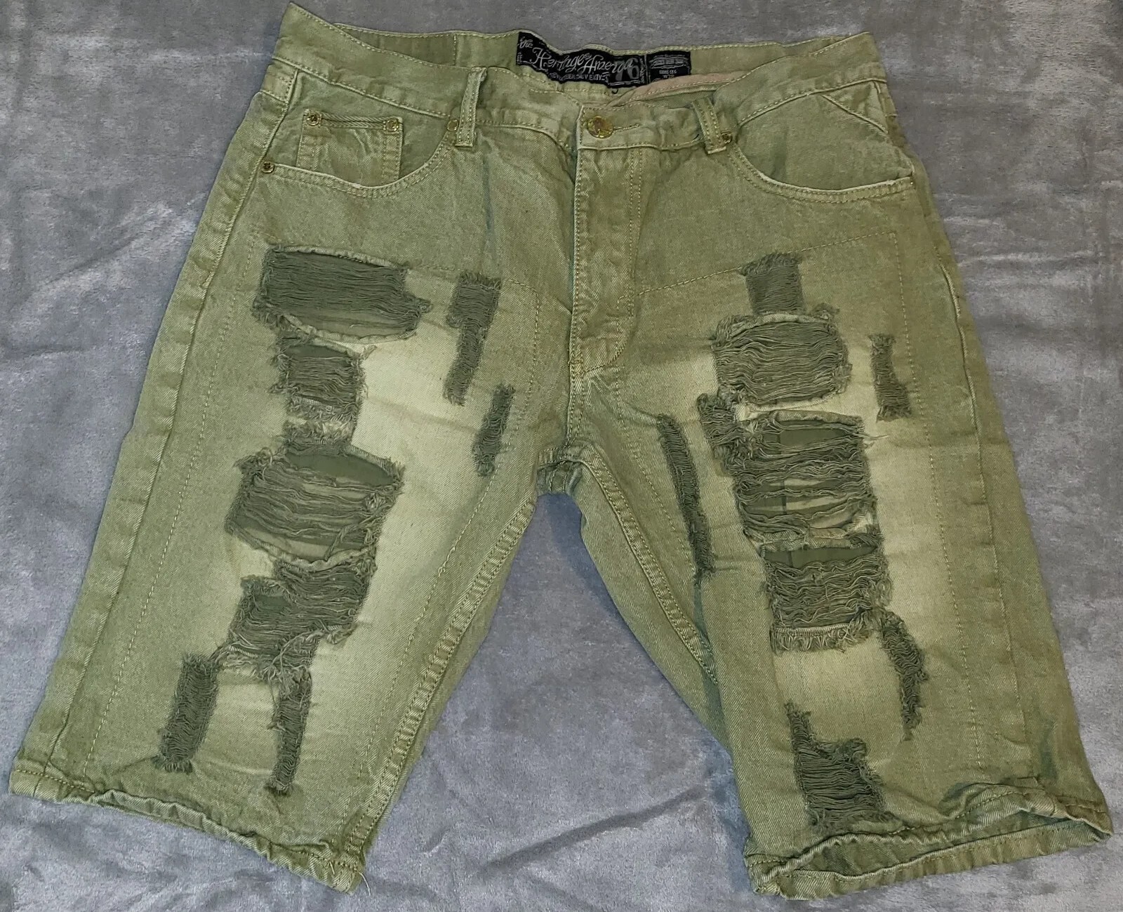 The Heritage By America 76 Jean Shorts Men’s 38 Denim Distressed Ripped Green The Heritage By America 76 Jean Shorts Men’s 38 Denim Distressed Ripped Green