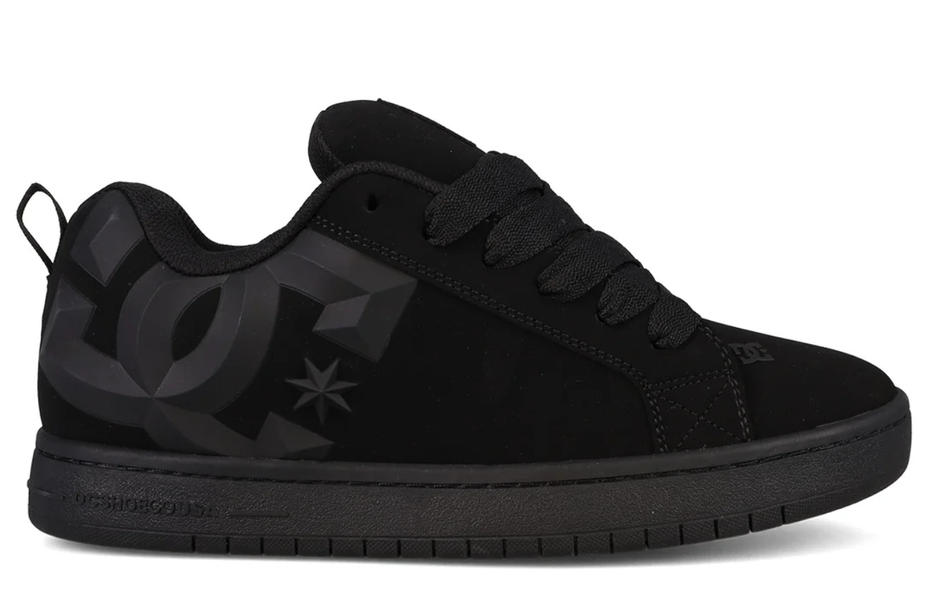 DC Shoes Mens Court Graffik Beveled Black Grey Skate Sneaker Padded Cupsole Logo