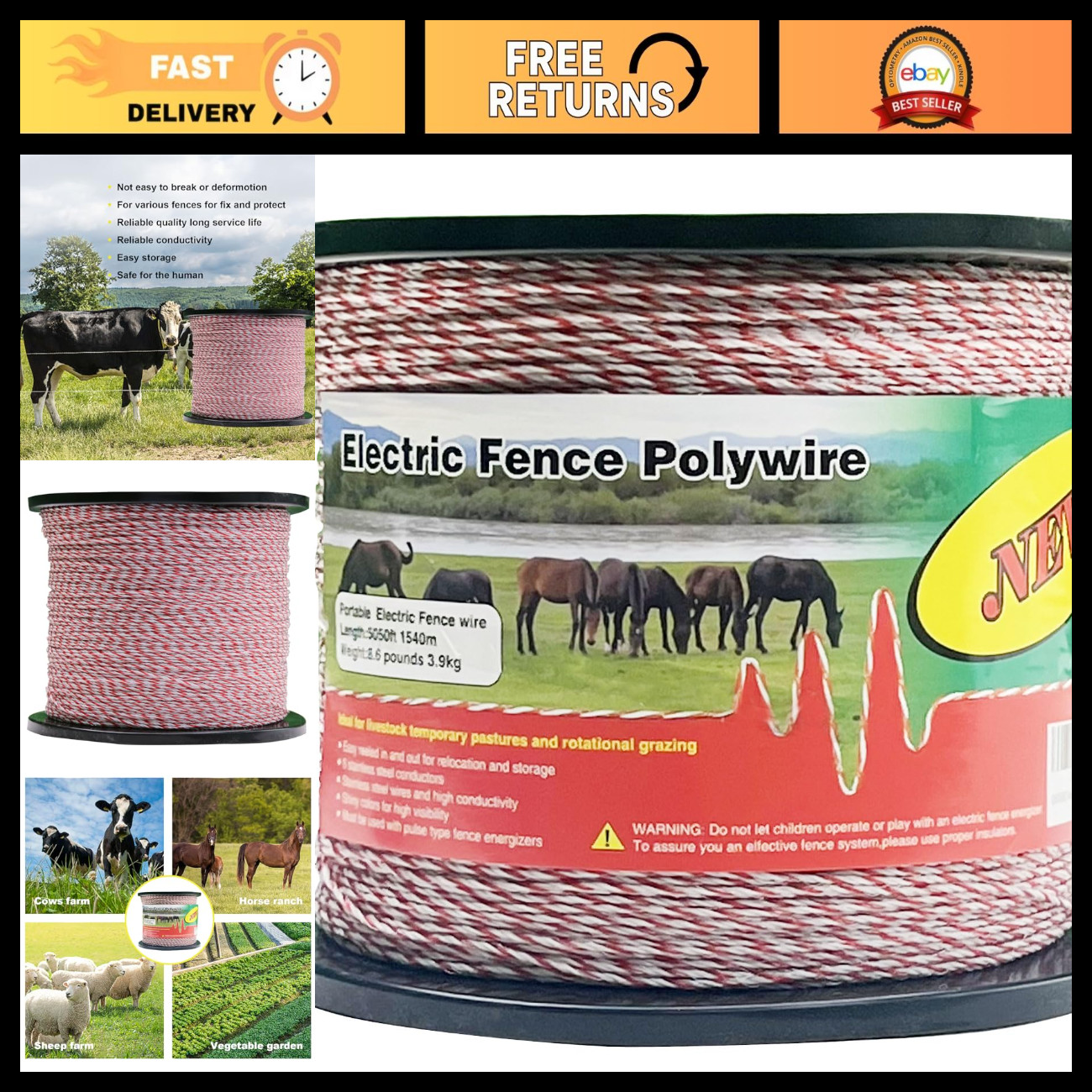 Upgraded Electric Fence Polywire - 6 Stainless Steel Strands, UV Resistant, 5050 Upgraded Electric Fence Polywire - 6 Stainless Steel Strands, UV Resistant, 5050
