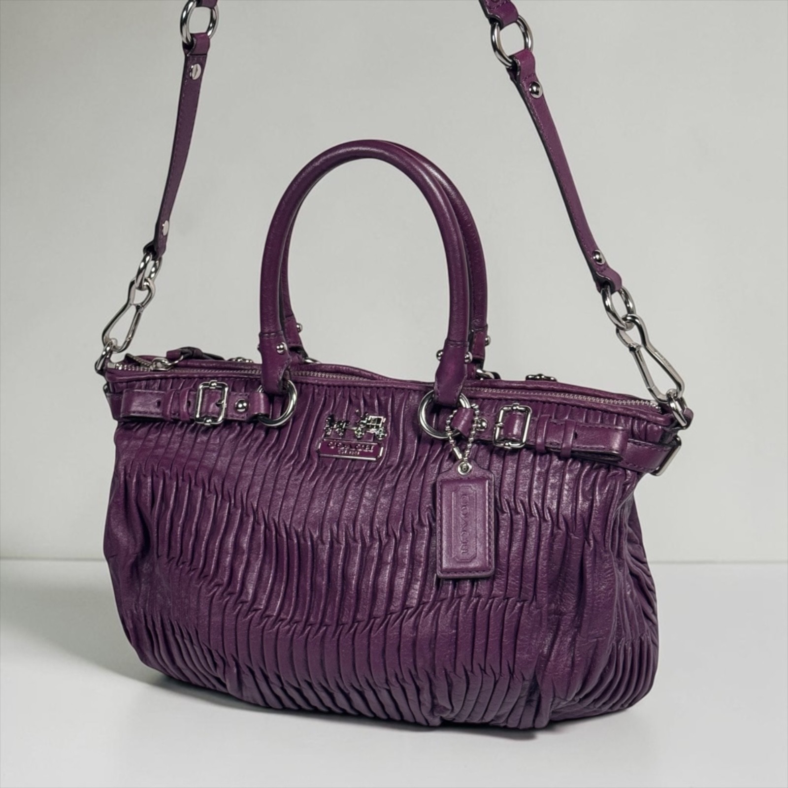 COACH Madison Sophia 2 Way Satchel Shoulder Bag Purple Gathered Leather EUC AUTH