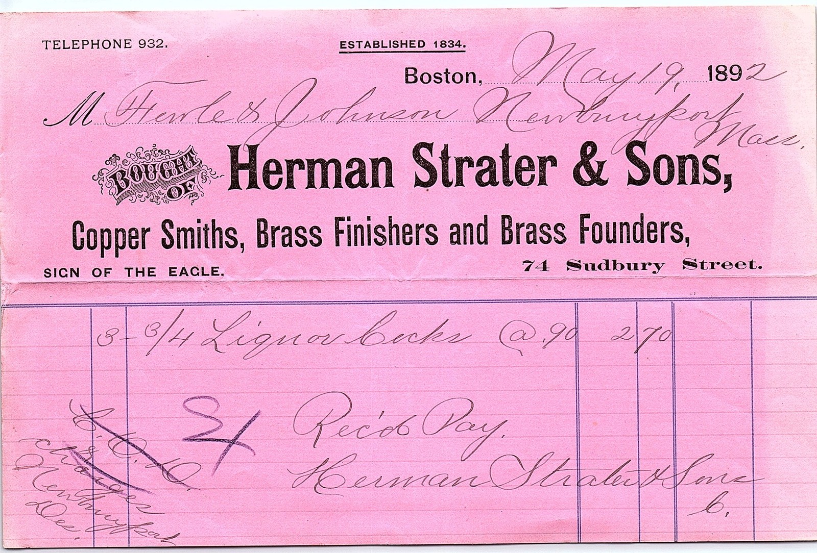 Vintage Herman Strater & Sons 1892 Boston Billhead
