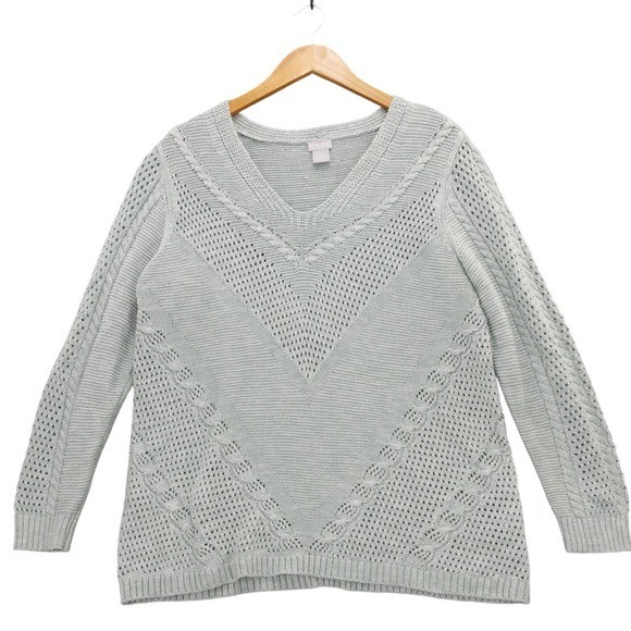 Chico\'s V Neck Light Blue Knit Sweater Size 2 L Cable Knit Lace Detail