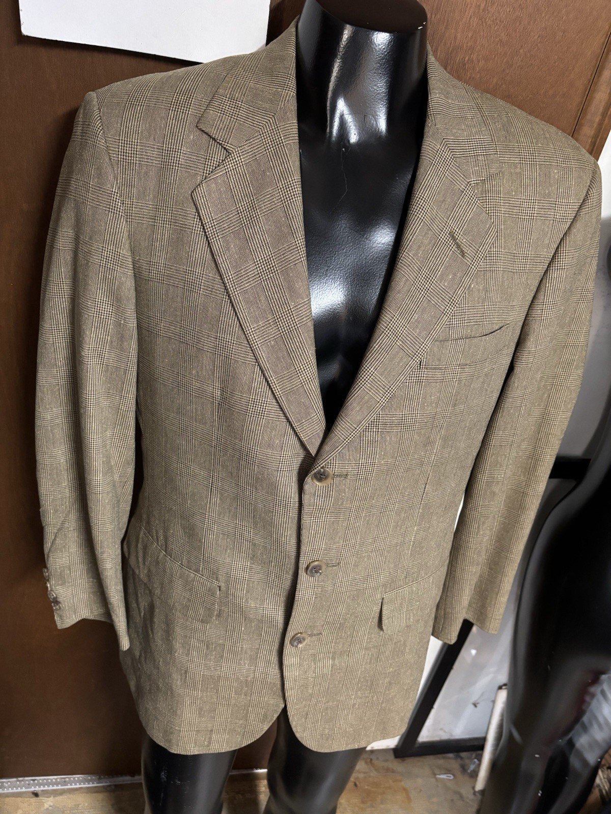 Vtg USA Corbin Bespoke OSCC Brown Houndstooth Windowpane Plaid Jacket Blazer 42S