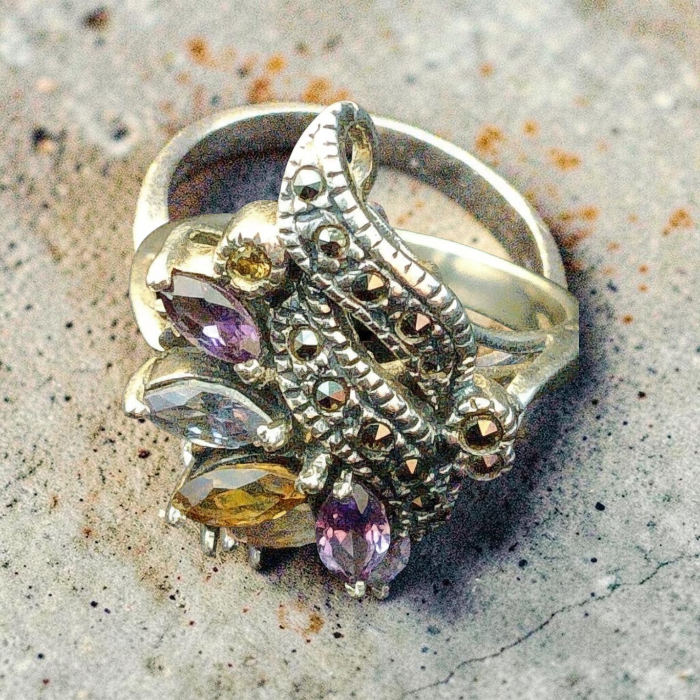 Vintage Cocktail Ring a combination of Amethyst, Citrine and Blue Topaz. Vintage Cocktail Ring a combination of Amethyst, Citrine and Blue Topaz.