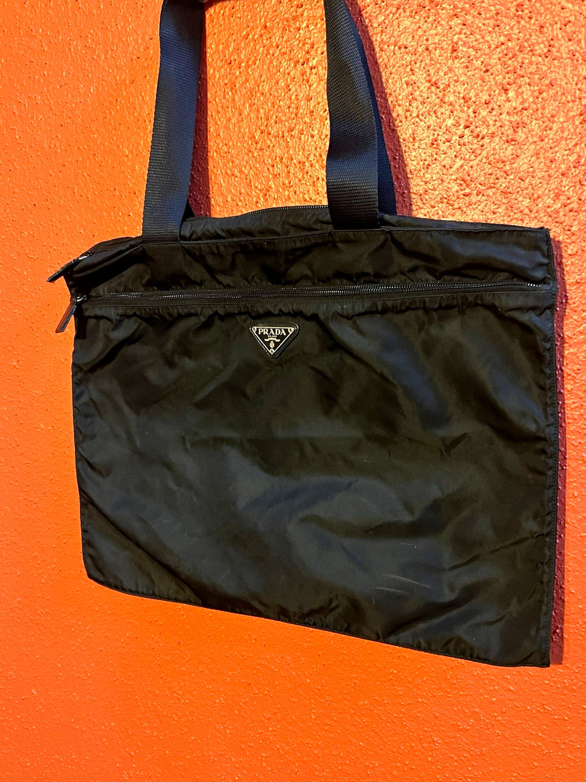 Authentic Prada Tessuto black nylon large tote bag, made in Italy.
