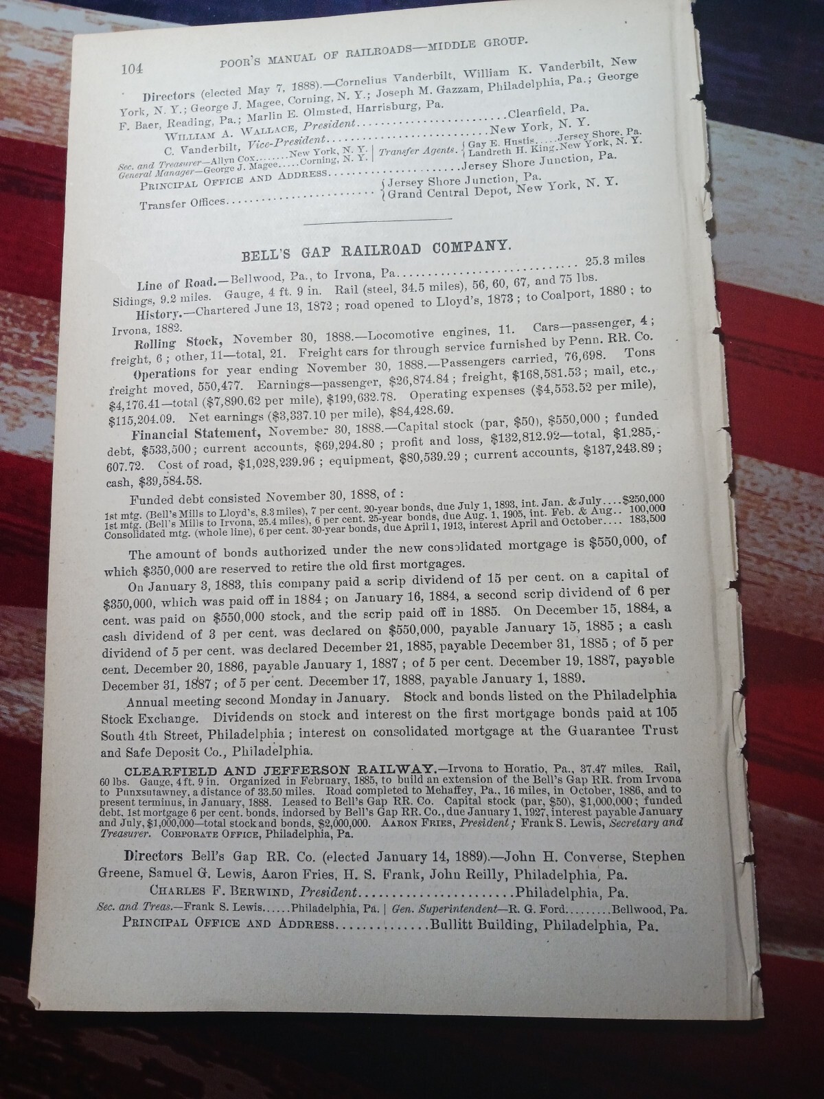 1889 Train Report BELLS GAP RAILROAD Bellwood Irvona Coalport Lloyd\'s Pennsylvan