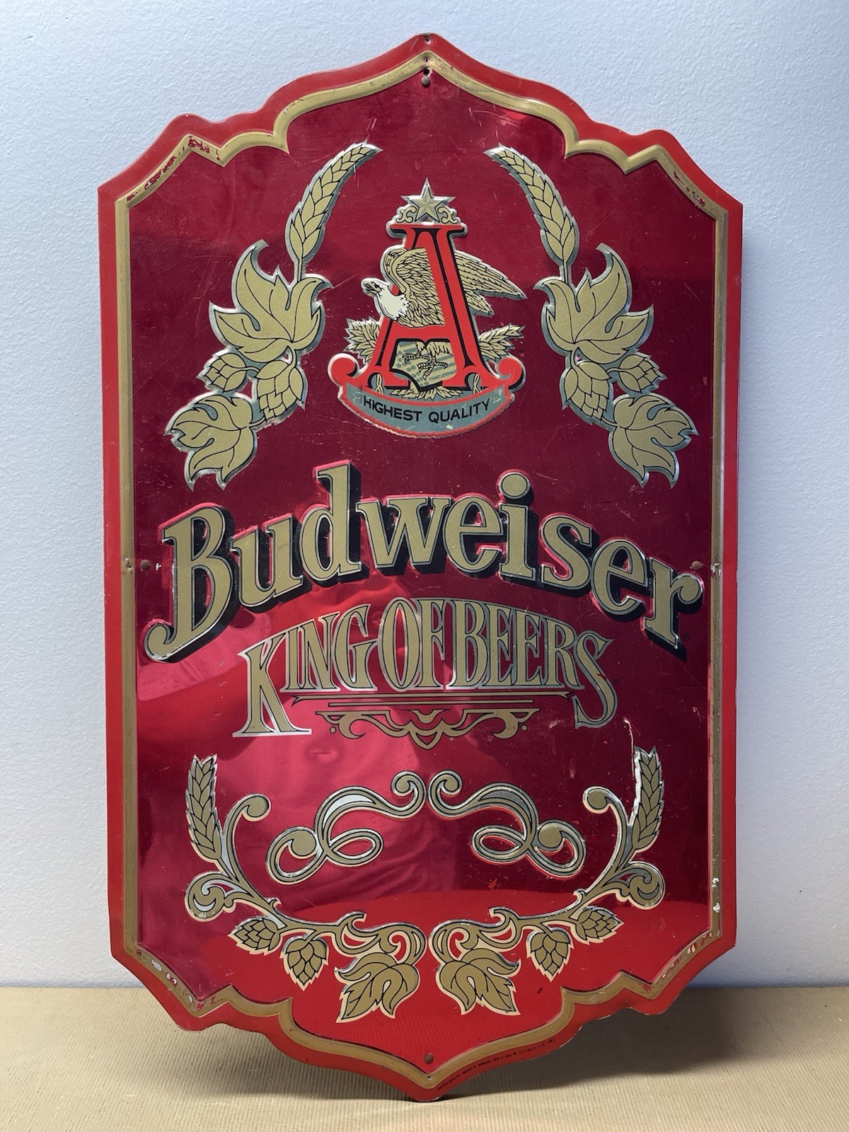 Vtg Budweiser King Of Beers Red & Gold Embossed Metal Man Cave Sign 1970’s Vtg Budweiser King Of Beers Red & Gold Embossed Metal Man Cave Sign 1970’s