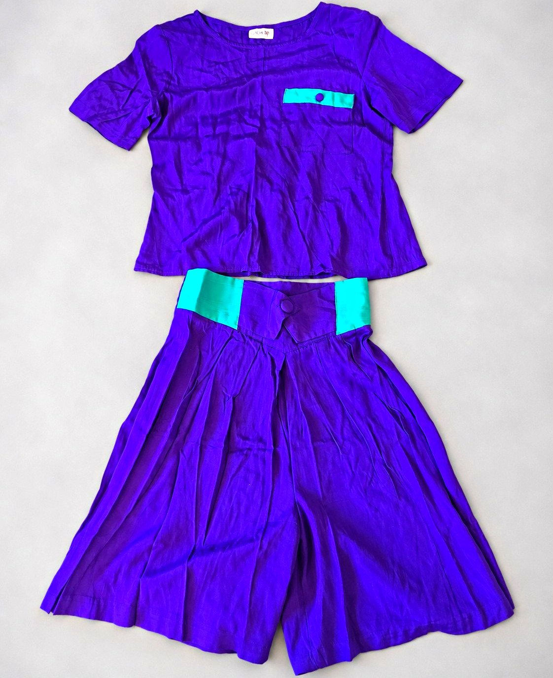 Vintage 80s Purple Teal 2 Piece Culotte Set Union Made ILGWU Medium