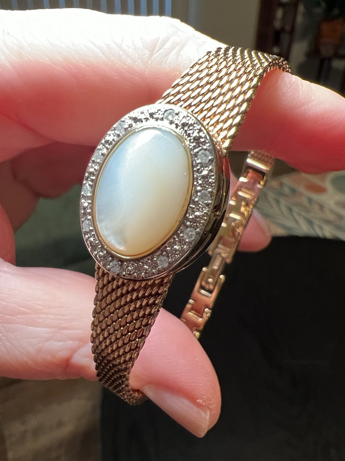 Vintage Swiss Watch Gold Mesh Peekaboo Hidden Dial Mother of Pearl Real Diamonds