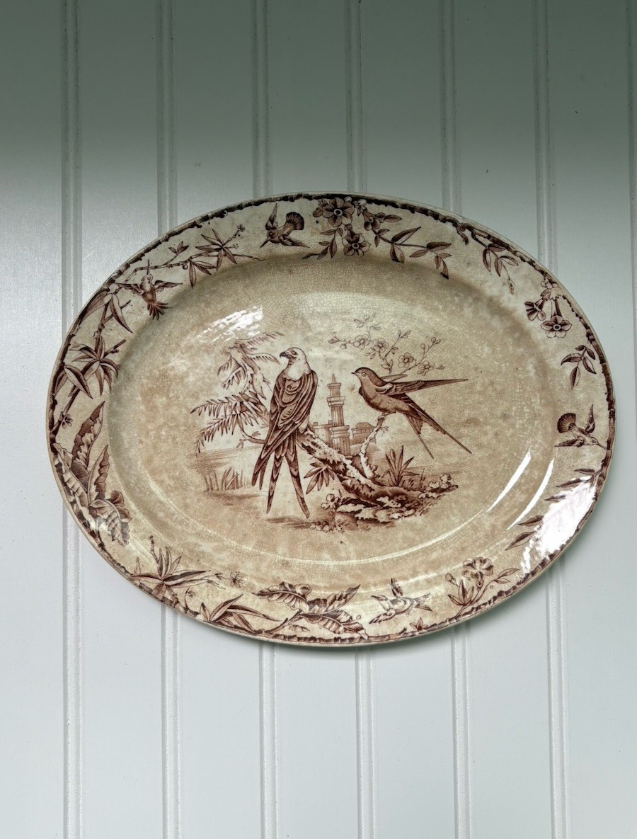 Antique Ridgways Brown Aesthetic Transferware Indus Bird Motif Platter 11”