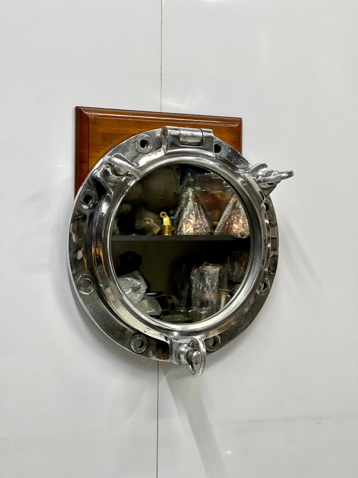 Vintage Aluminum Ship Porthole Mirror Glass Seafaring Style Triple Key Lock